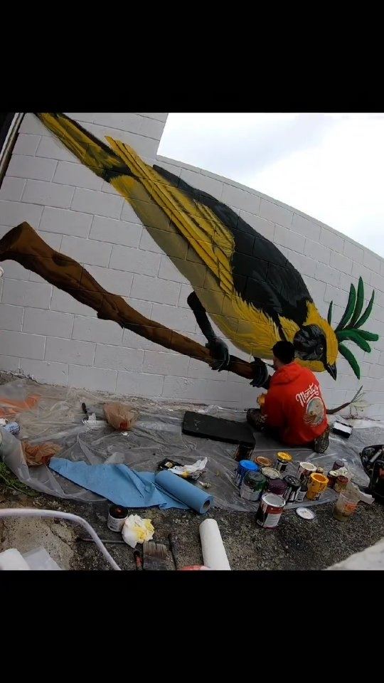 Yellow bird mural in progress